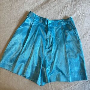 STAUD Blue Bermuda Shorts High-Waisted Satin